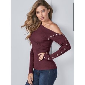 Venus Wine Red Off-Shoulder Snap Detail Sweater